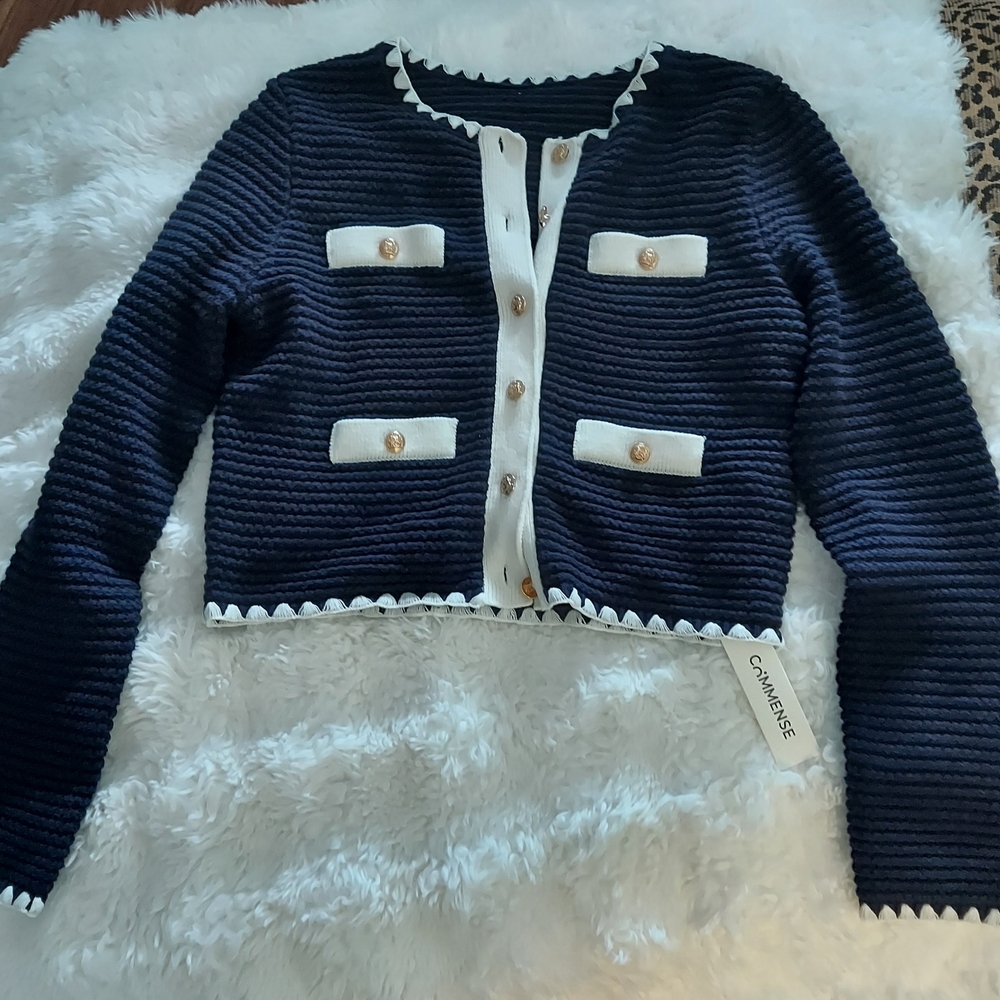 Commense Navy and White Button-Up Cardigan